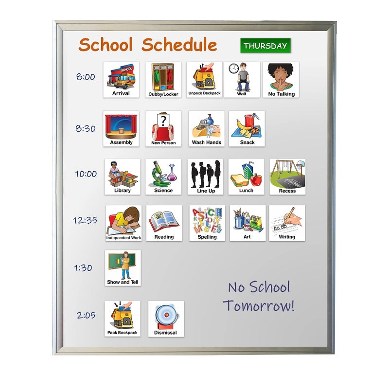 SchKIDules Visual Schedule Magnets: 87pc School Collection for Special Education and Preschool Student Support: Contains 66 (2x2) School-Themed Icons +21 Headings Available in English & Spanish - Image 5